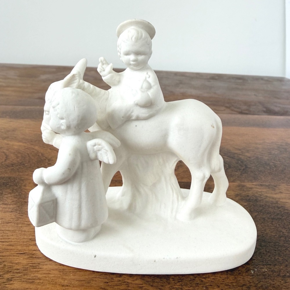 Goebel W Germany White Bisque Figurine Child on Donkey with Angel HX334 4in
